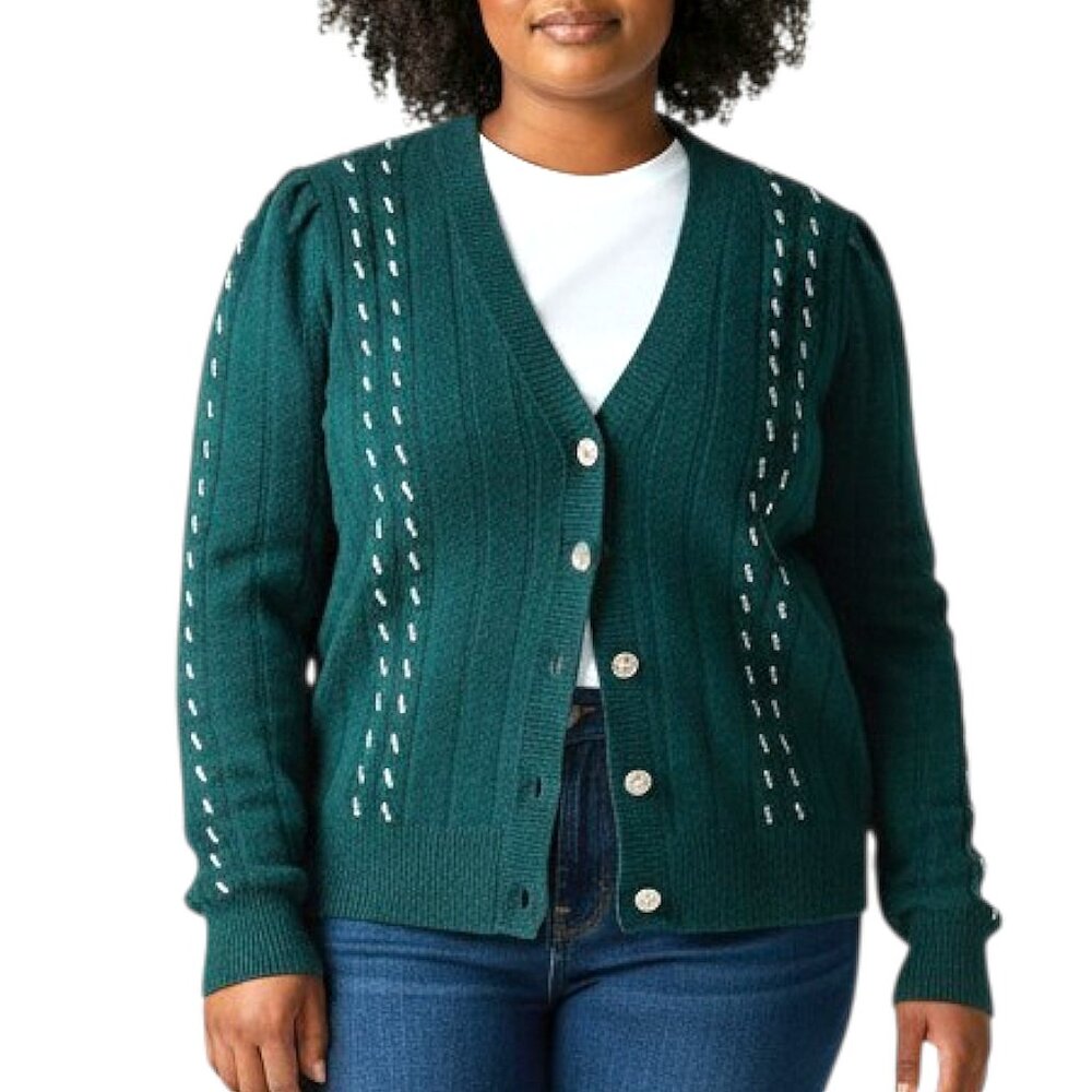 NWT Charter Club 100% Cashmere Boyfriend Cardigan Teal w Faux Pearl Accents - XL - Picture 2 of 7
